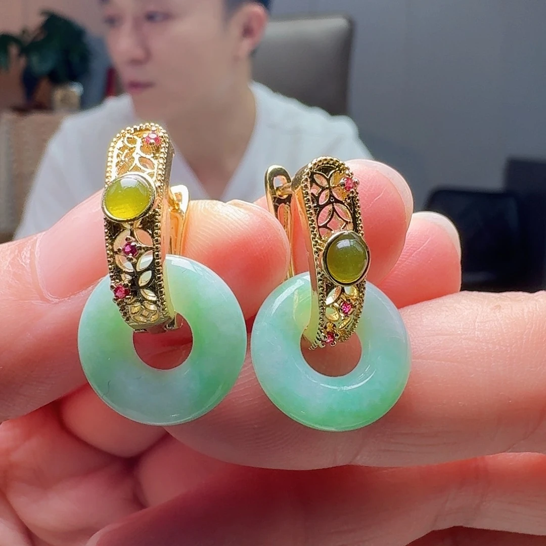 翡翠银S925镶嵌耳饰天然