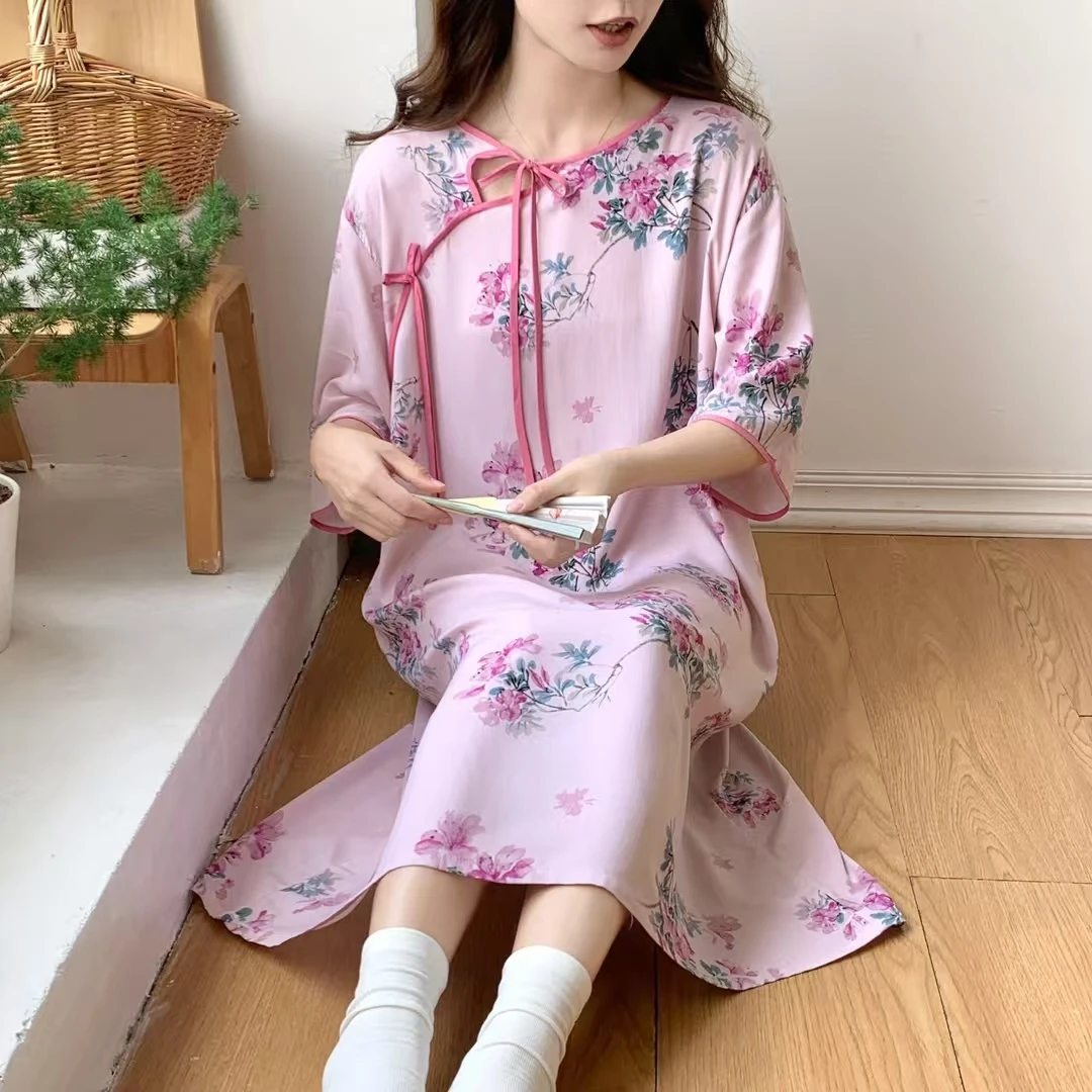 精梳绵绸【新中式～花簇粉睡裙】可外穿舒适凉快透气~戴