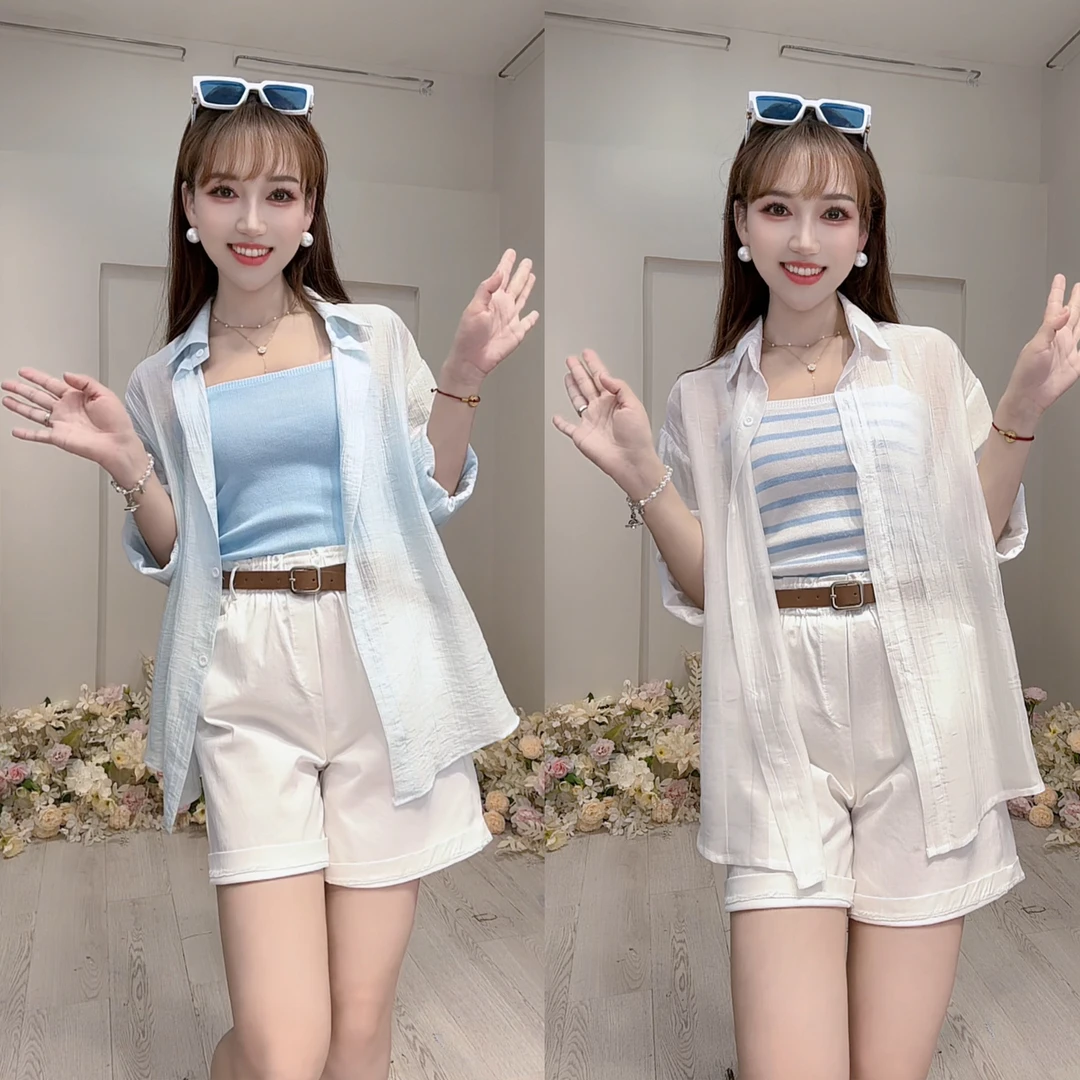 【909+910+863】夏款上新甜美气质衬衫防晒衫+条纹吊带短裤四件套装