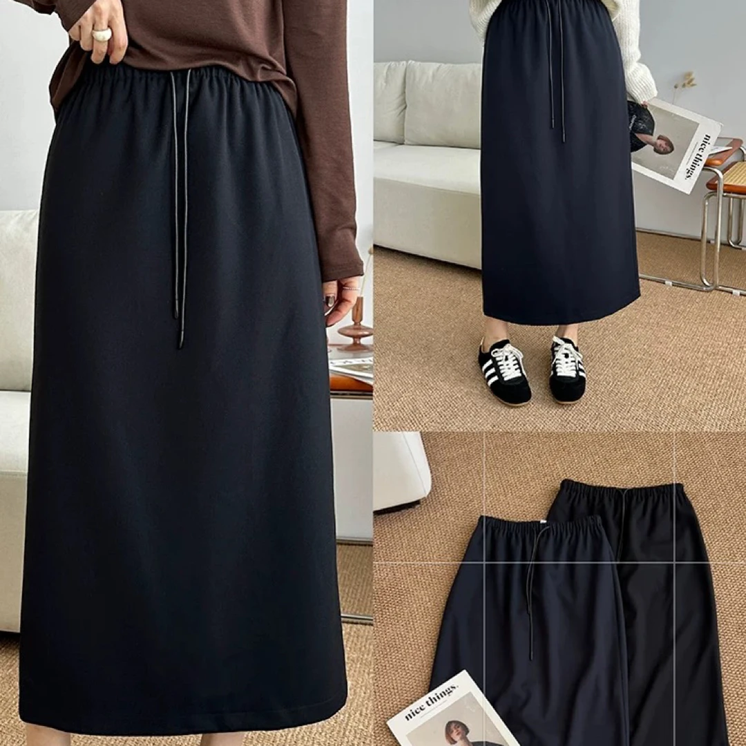 （裙长82）2558秋季新款抽绳后开叉醋酸羊毛直筒半身裙