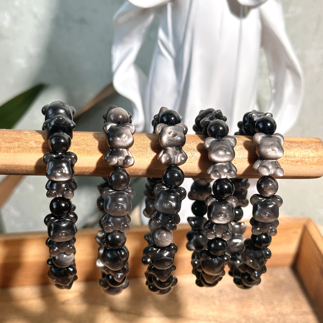 Y237 天然银曜石小熊手串 多样性发其一