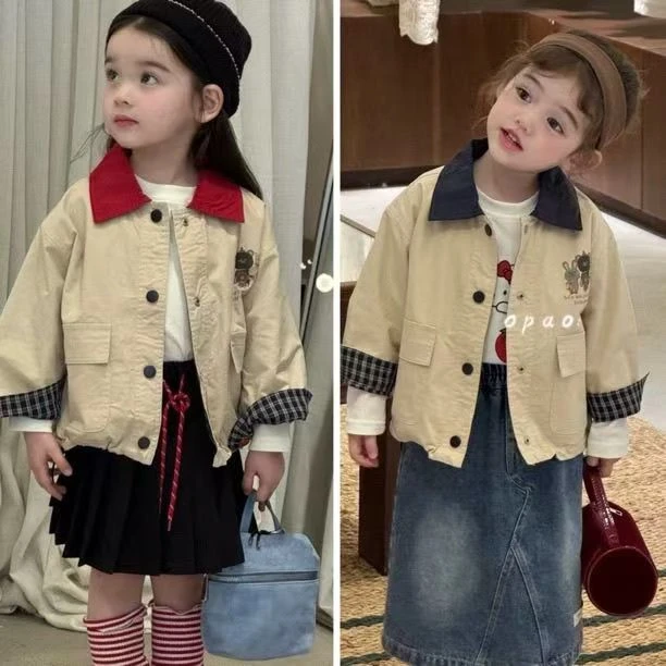 女童翻领外套2025秋季新款韩版休闲夹克洋气男宝卡通小童秋装上衣