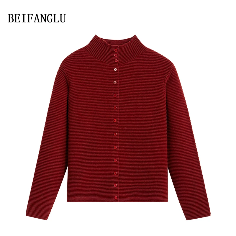 北方鹿【褶皱横条肌理感】100绵羊毛气质两穿领单排扣针织衫女6519