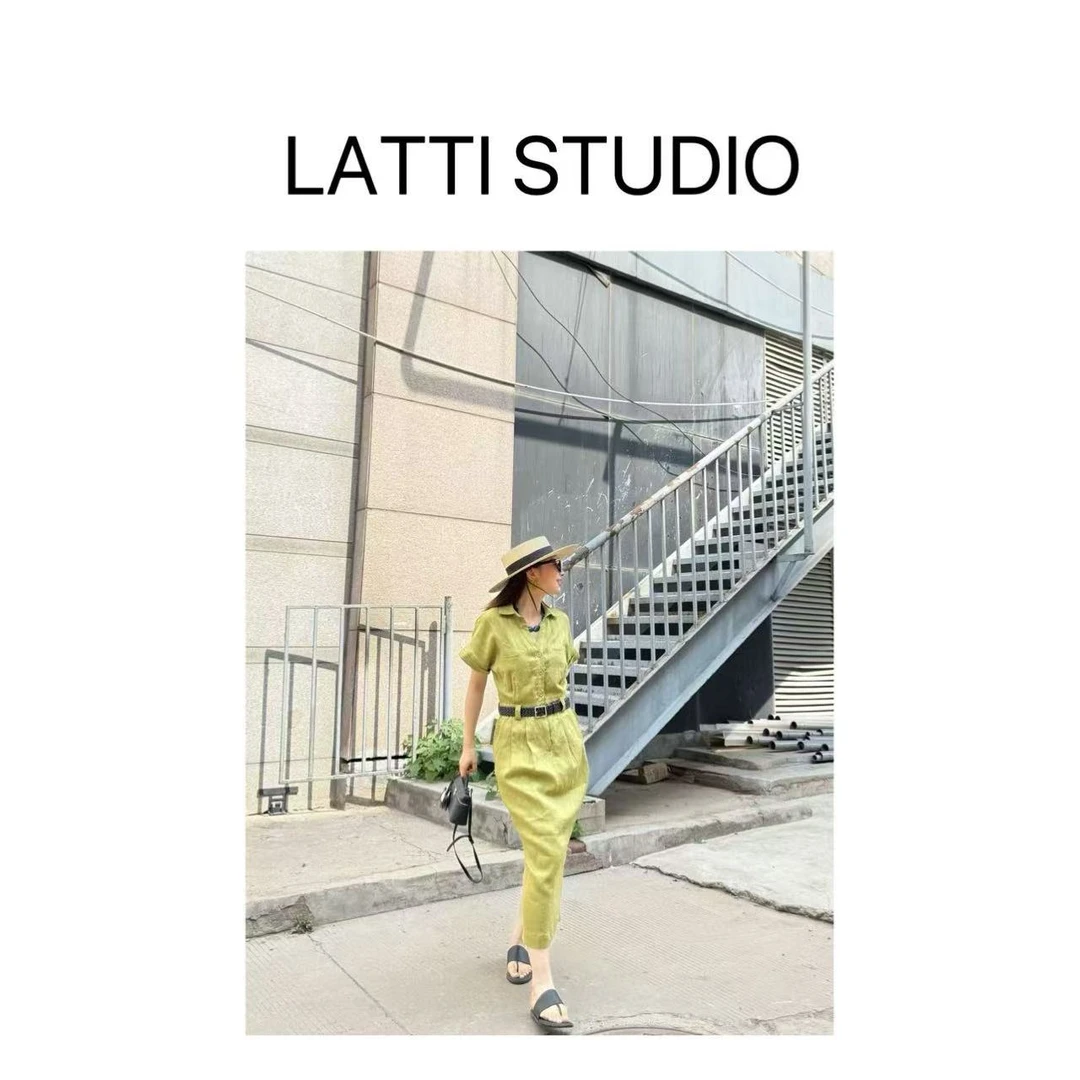 【Latti】亚麻微风收腰裙-短袖翻领显瘦法式极简通勤连衣裙