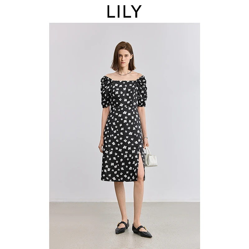 LILY2025夏新款复古老花碎花方领优雅泡泡袖连衣裙女125209C7E60
