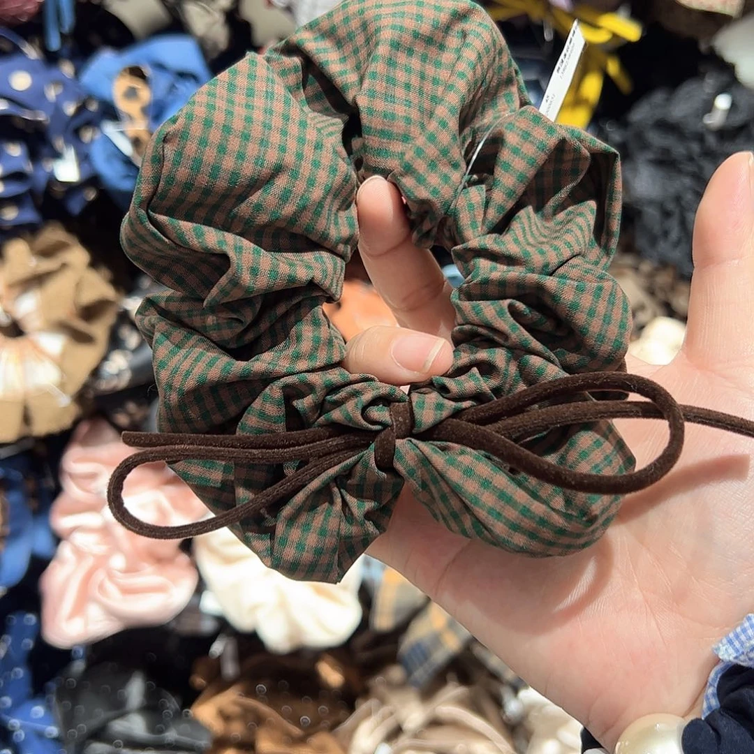 非金属布艺绿格子蝴蝶结发圈