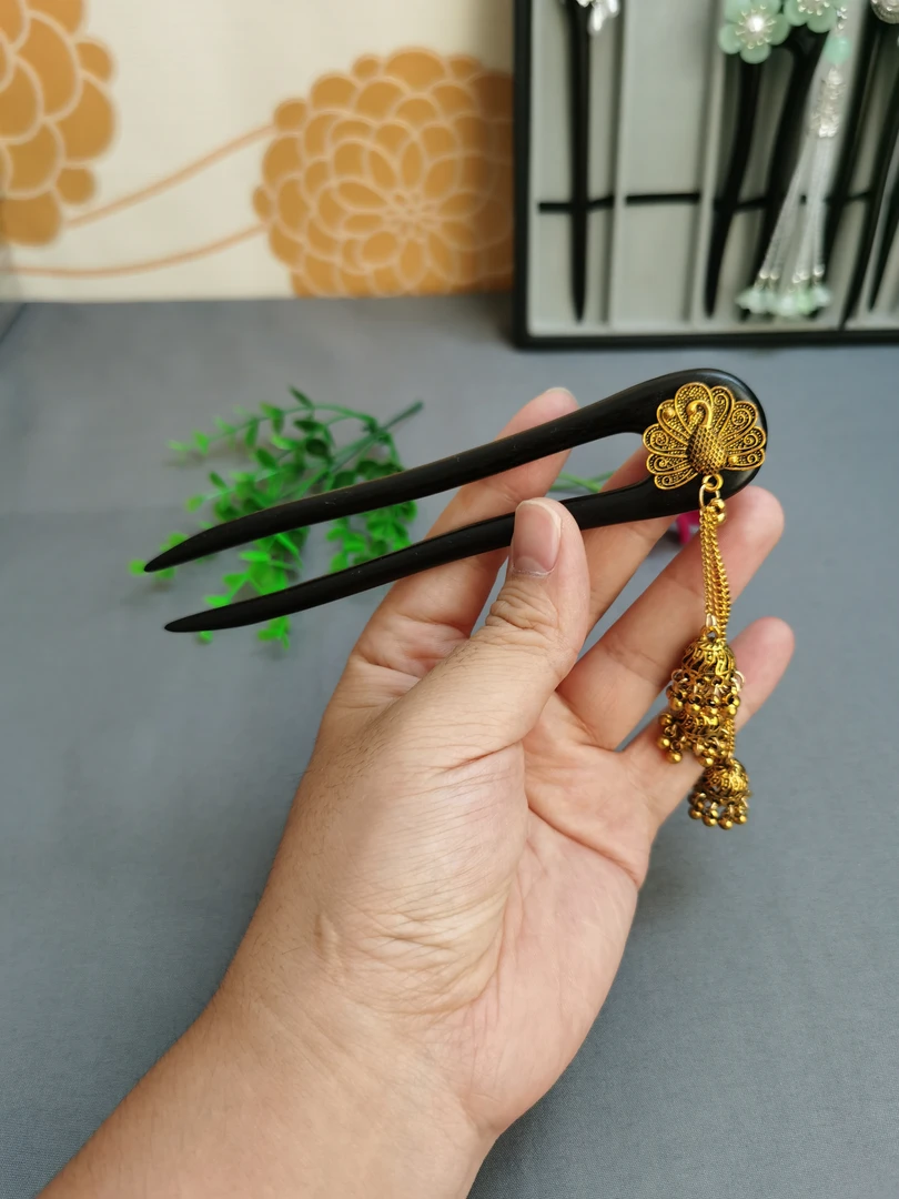 15厘米金色孔雀黑檀木发钗发簪古风盘发簪簪子新中式头饰发饰配饰