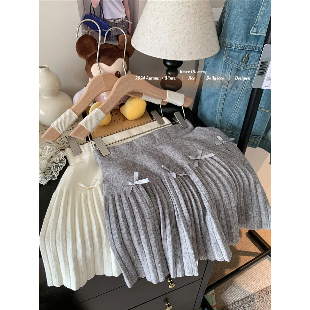 韩系蝴蝶结针织百褶半身裙秋冬显瘦洋气高腰短款a字裙学院风伞裙