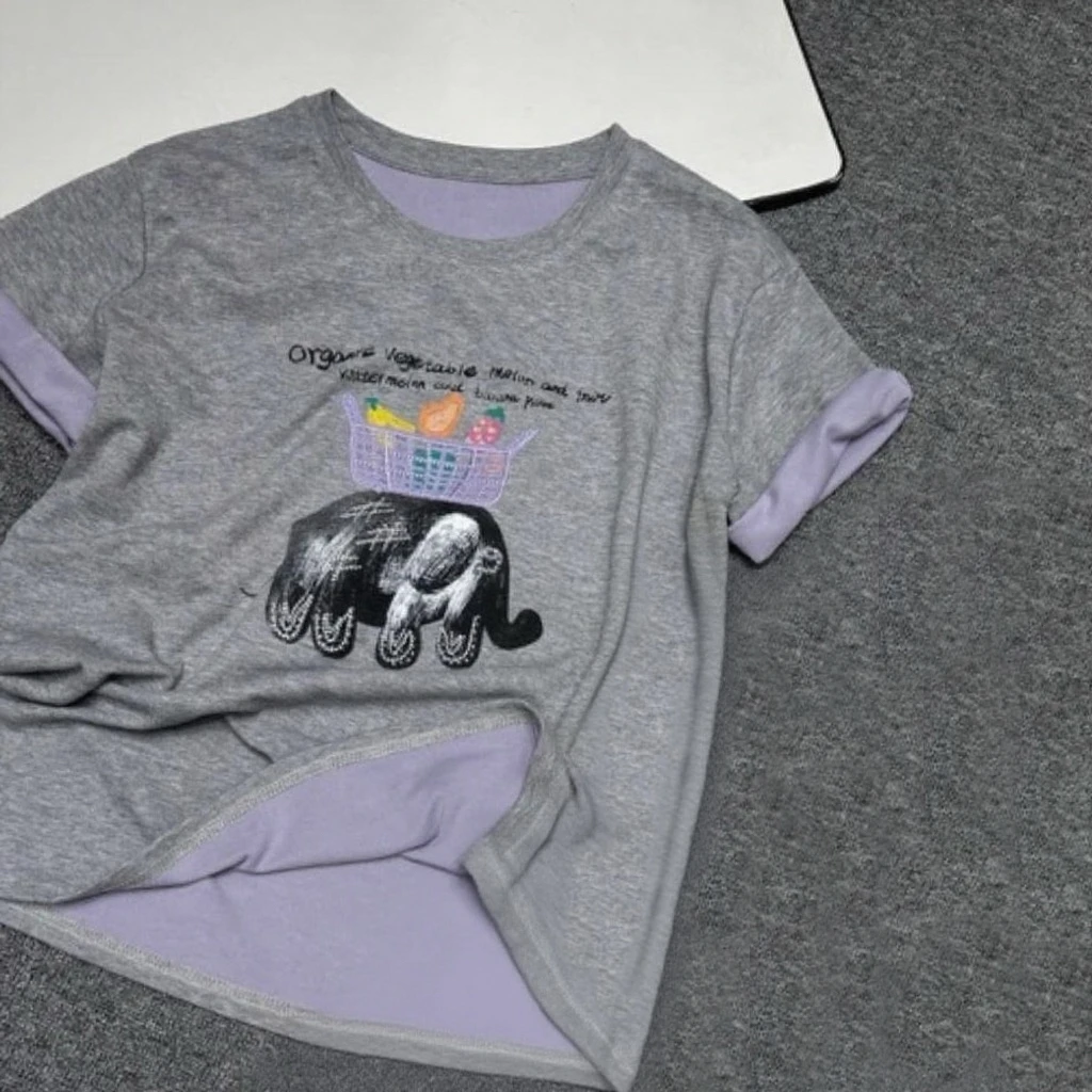 【姿姐专属】夏季新款时尚显瘦圆领卡通大象双面设计感女上衣-25240