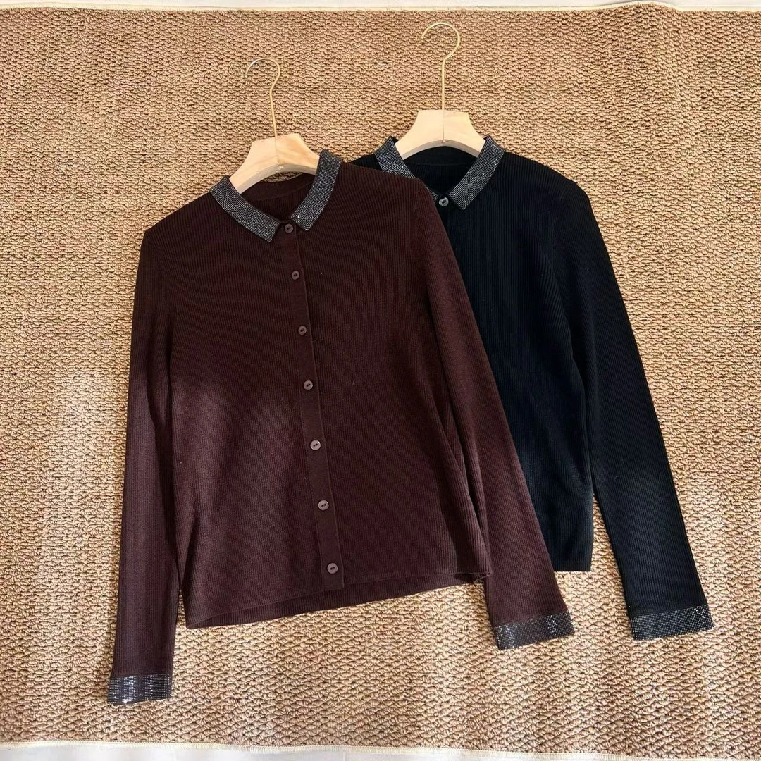 G 冬季新款烫钻小翻领单排扣时尚百搭针织衫女士休闲毛衣