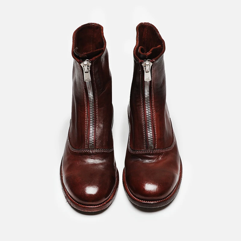 水洗马皮固特异手工310中筒高帮中拉链瘦瘦靴圆头时尚靴