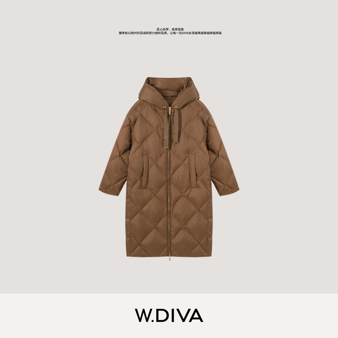 W.Diva【御冬臻品】秋冬明星长款90白鹅菱格连帽羽绒服54C153209