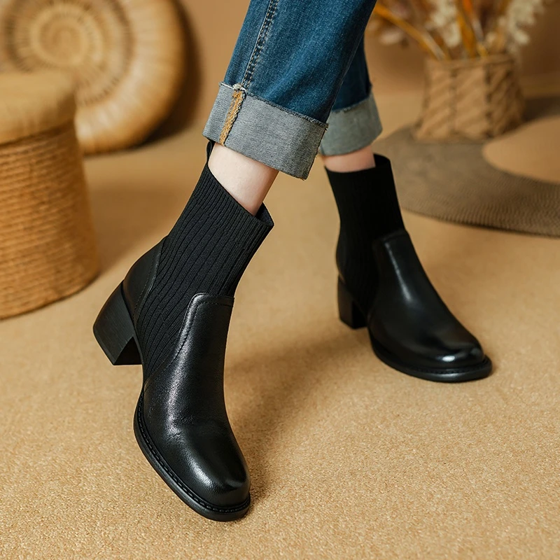 超好穿~秋冬真皮毛线弹力袜靴中跟圆头瘦瘦靴单靴通勤粗跟短靴女
