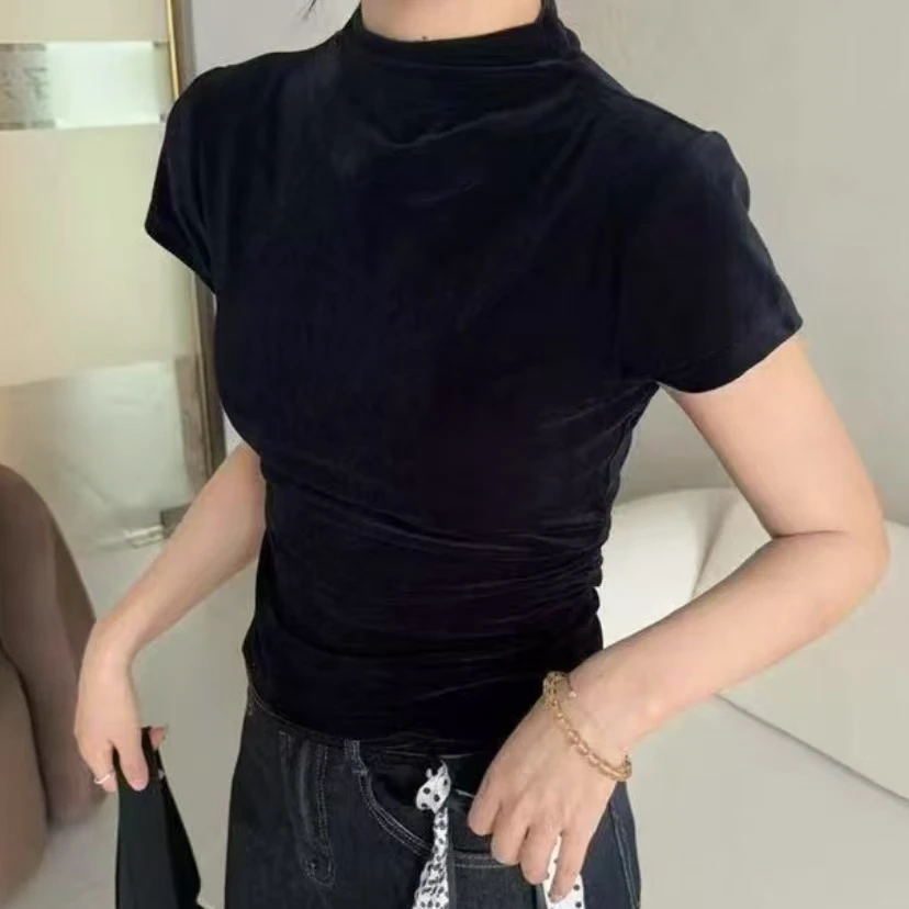 918/5777-1 两侧抽绳收腰设计绒面半高领显瘦小衫t恤