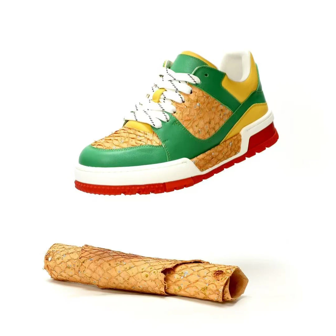 潮鞋黄色时尚低帮鱼皮头屋牛皮拼接潮流休闲鞋男士版鞋