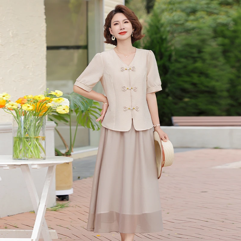 妈妈夏装短袖套装洋气中老年女夏季短袖t恤两件套中式上衣