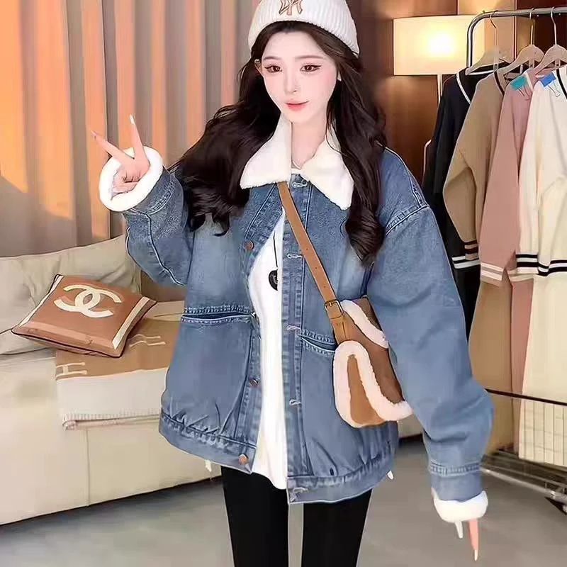 【现货】加绒加厚复古拼接牛仔外套冬季新款翻领宽松百搭上衣