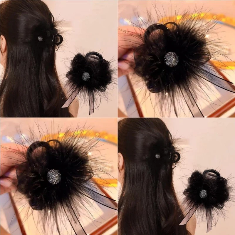 羽毛抓夹半扎发夹中号黑色水钻盘发女后脑勺毛毛鲨鱼夹小夹子头饰