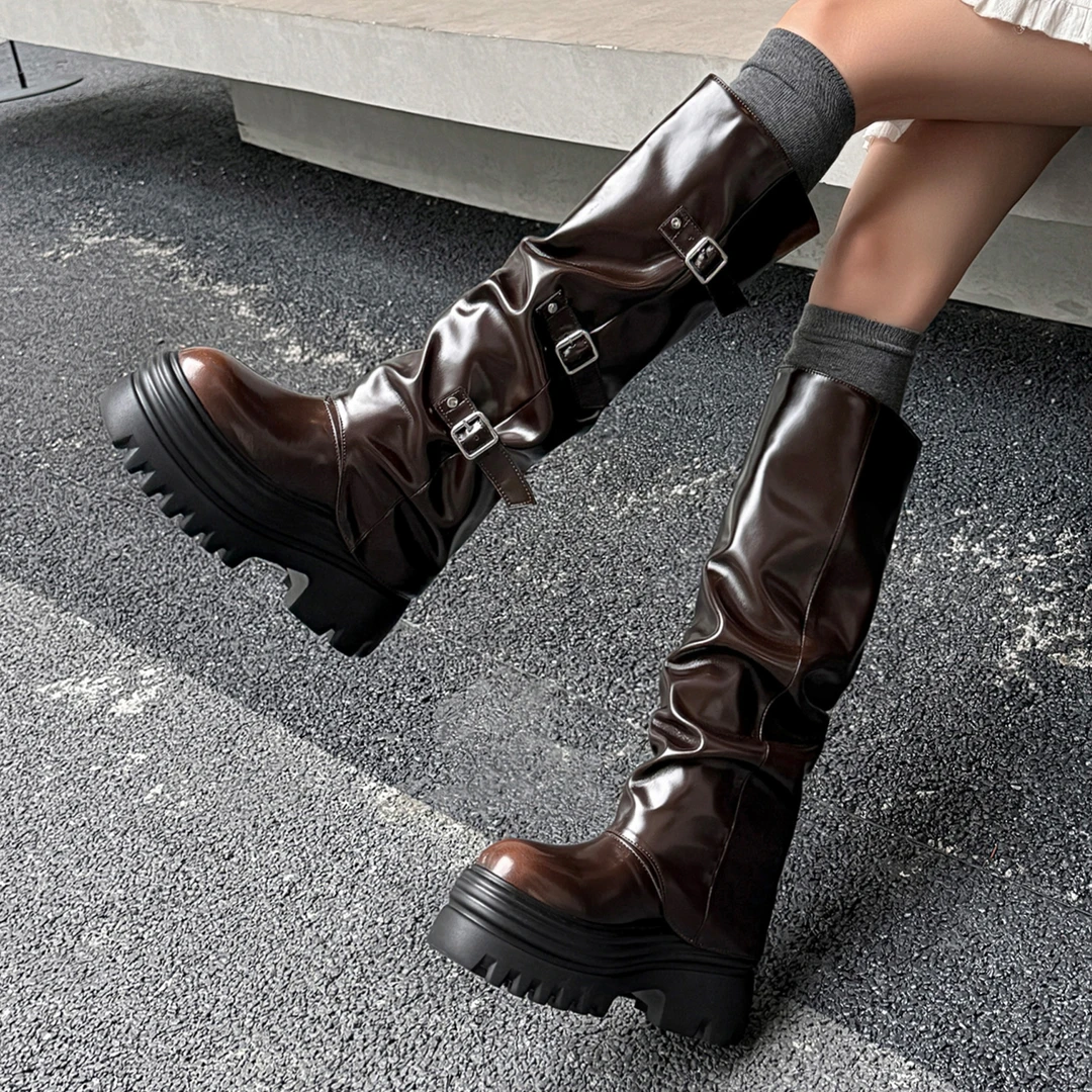 厚底隐形内增高12cm堆堆靴秋冬真皮慵懒风棕色长筒靴百搭不过膝靴