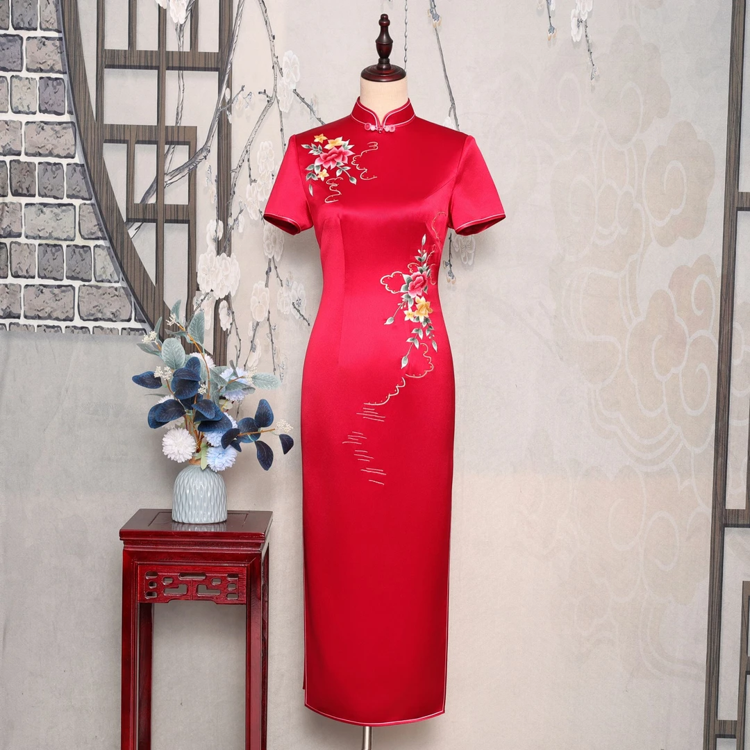 YUANZUEN/袁尊酒红色醋酸手推绣旗袍气质走秀时尚修身优雅复古