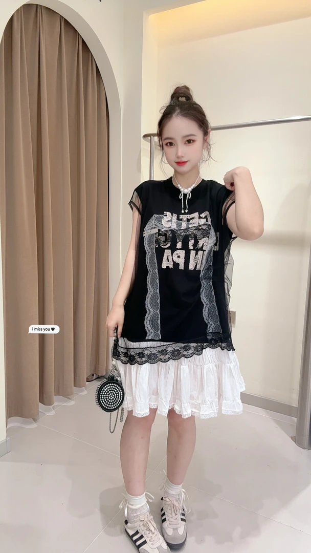 大观欧货原创夏季新款蕾丝拼接短袖宽松显瘦无袖百搭连衣裙