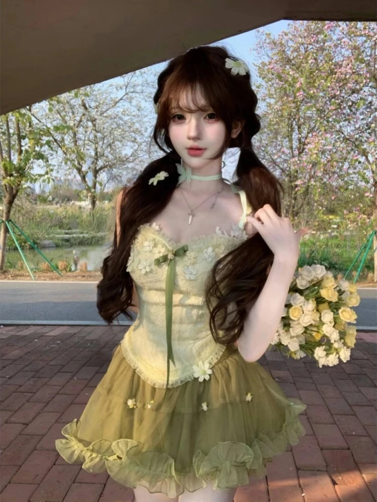 【森林秘境】千金公主纯欲风修身显瘦蕾丝吊带上衣+短裙开衫套装女