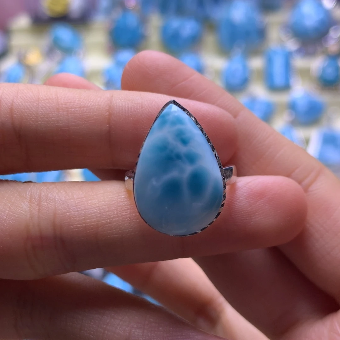 针钠钙石（海纹石）银S925镶嵌戒指水滴吊坠色差略异