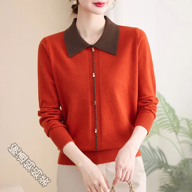 妈妈装春款翻领洋气针织小衫中老年女装气质减龄长袖上衣打底毛衣