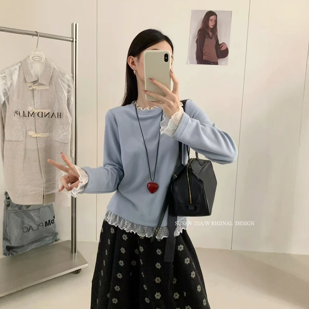 苏珊2025秋冬新款蕾丝木耳花边长袖T恤女宽松纯色打底上衣MW3736