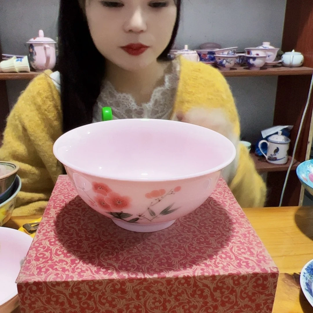 摆件瓷景德镇红xixi翠竹红梅碗