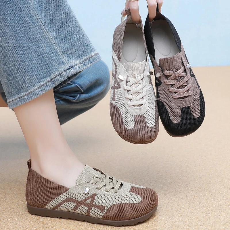 春季新款飞织透气德训女鞋舒适软底防滑妈妈鞋一脚蹬百搭女单鞋