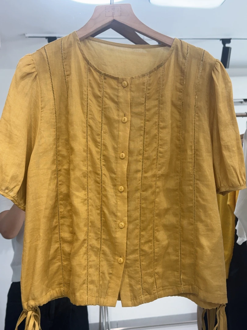夏季新款下摆抽绳简约纯色韩版休闲莱赛尔苎麻衬衫