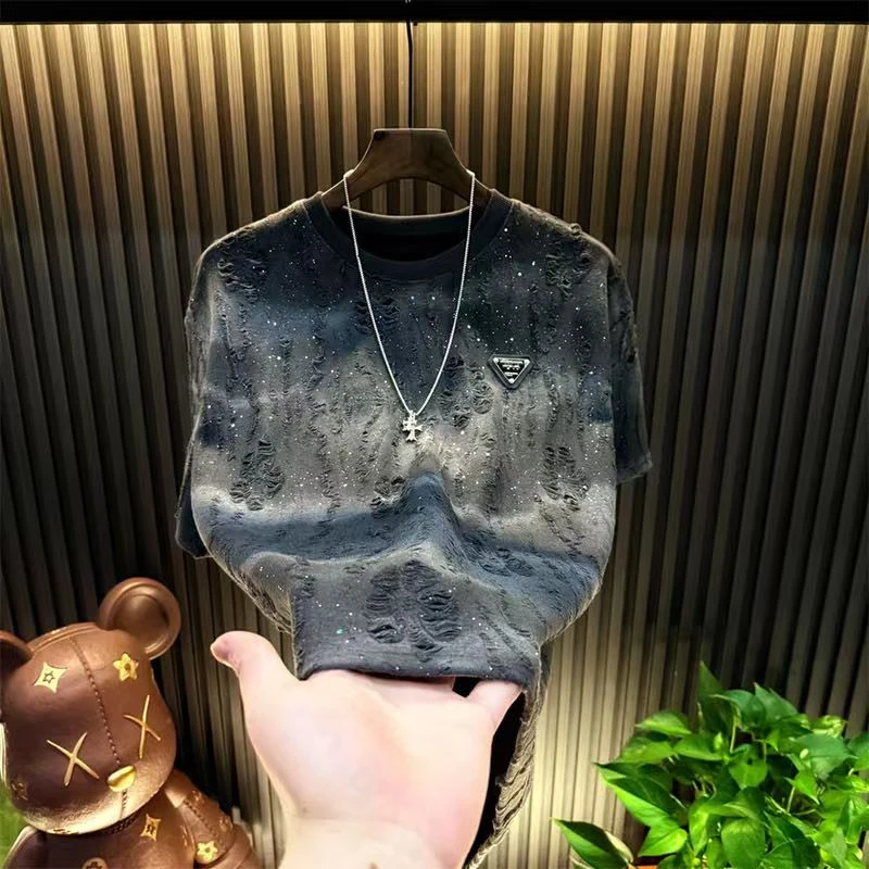 渐变亮片圆领短袖T恤宽松修身网红扎染印花百搭破洞牛仔男士时尚