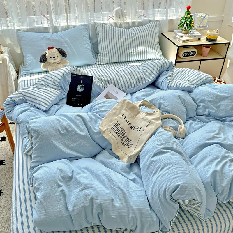 纯棉床上四件套水洗全棉100简约条纹床品学生宿舍床单被套三件套4