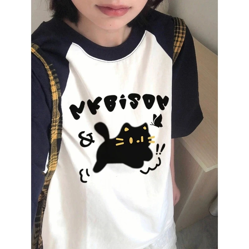 大码胖mm300斤插肩撞色纯棉短袖t恤女夏季设计感宽松半袖印花上衣