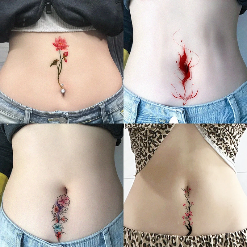 高级感小众国风凤凰花朵纹身贴彩色防水女持久肚脐脚踝仿真遮疤痕