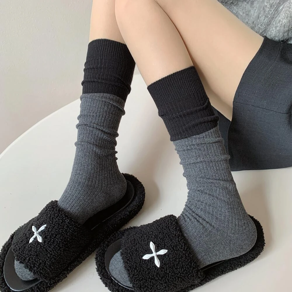 韩货拼色秋冬灰色小腿袜条纹咖色中筒袜拼接黑色半截及膝堆堆袜