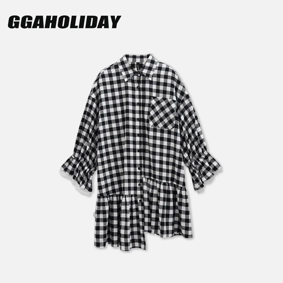 【上新】GGAHOLIDAY秋季时尚黑白格子长袖不规则衬衫连衣裙-153127