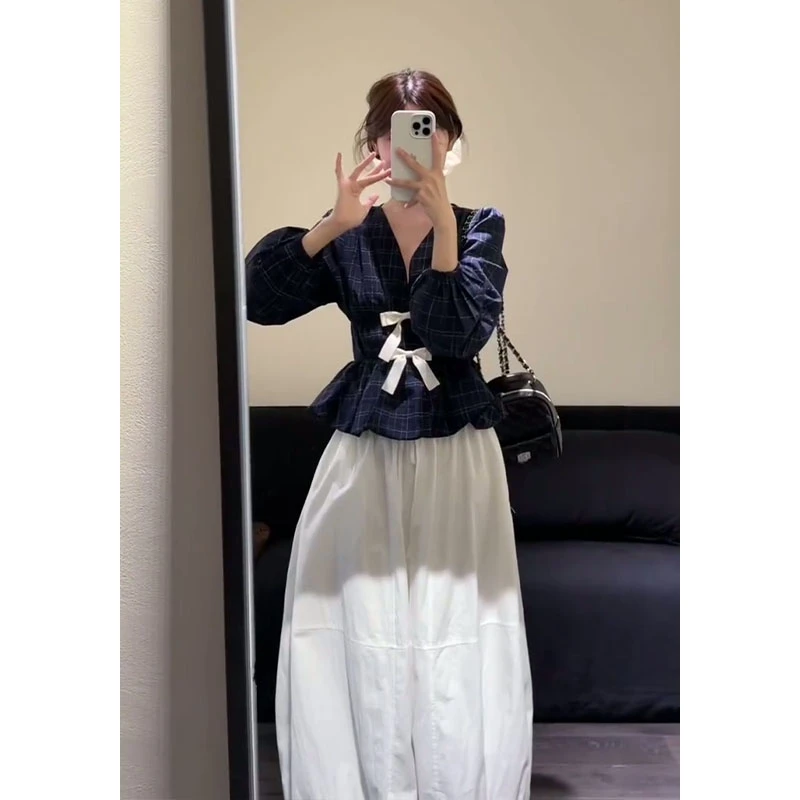 入秋韩系穿搭蝴蝶结收腰格纹长袖上衣女气质高腰花苞半身裙两件套