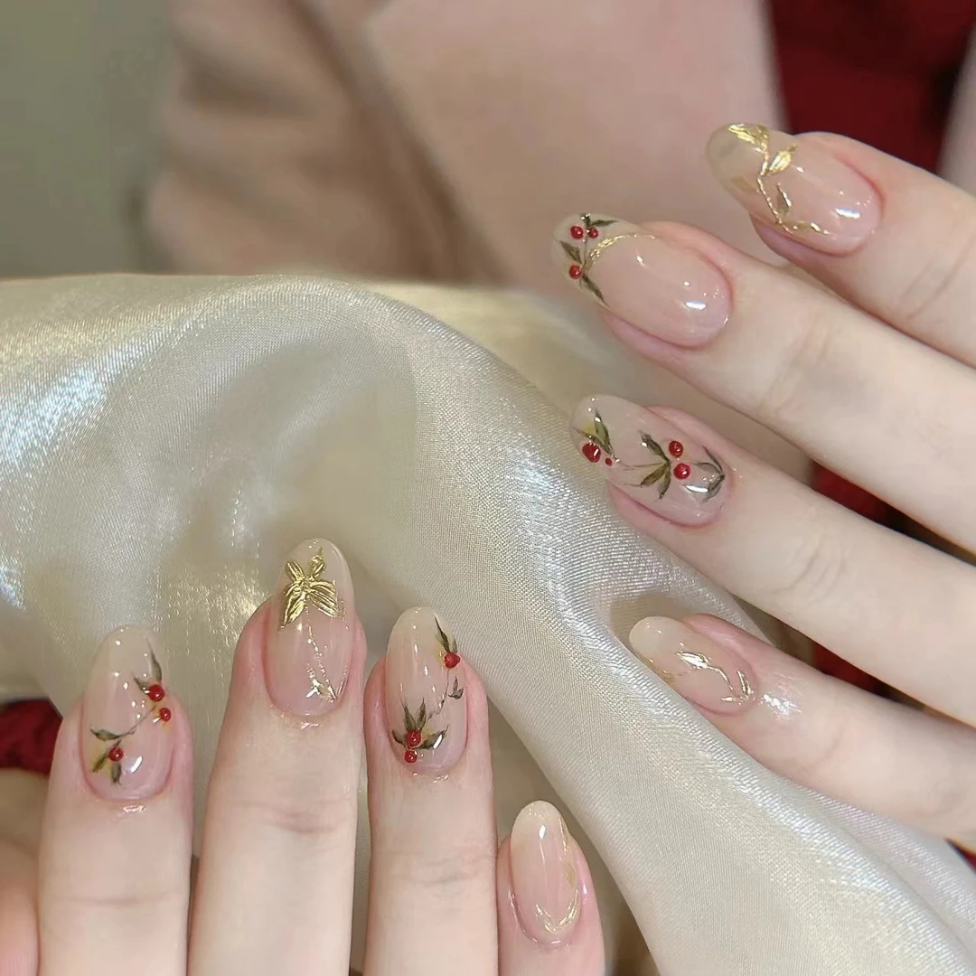 新中式纯手工穿戴甲中椭圆烫金手绘竹叶复古水墨防水冰透国风美甲