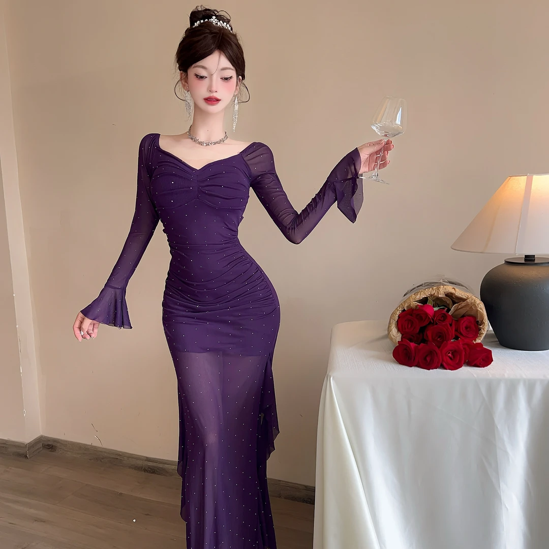 法式气质网纱烫钻收腰显瘦长裙喇叭袖荷叶边开叉纯欲性感连衣裙女