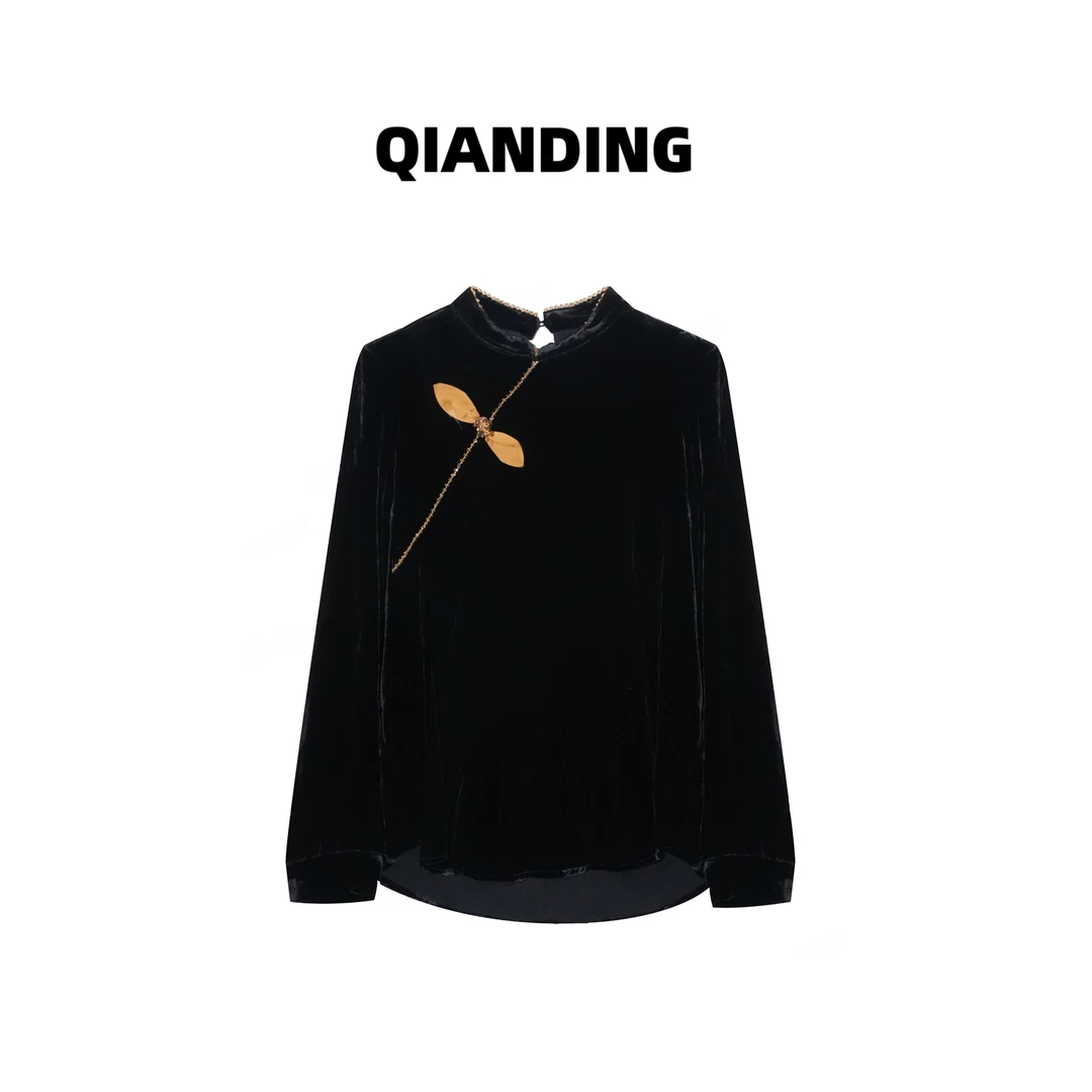 【QIANDING】•京娇•2025秋人丝丝绒立领编织刺绣蝴蝶结衬衫上衣F705