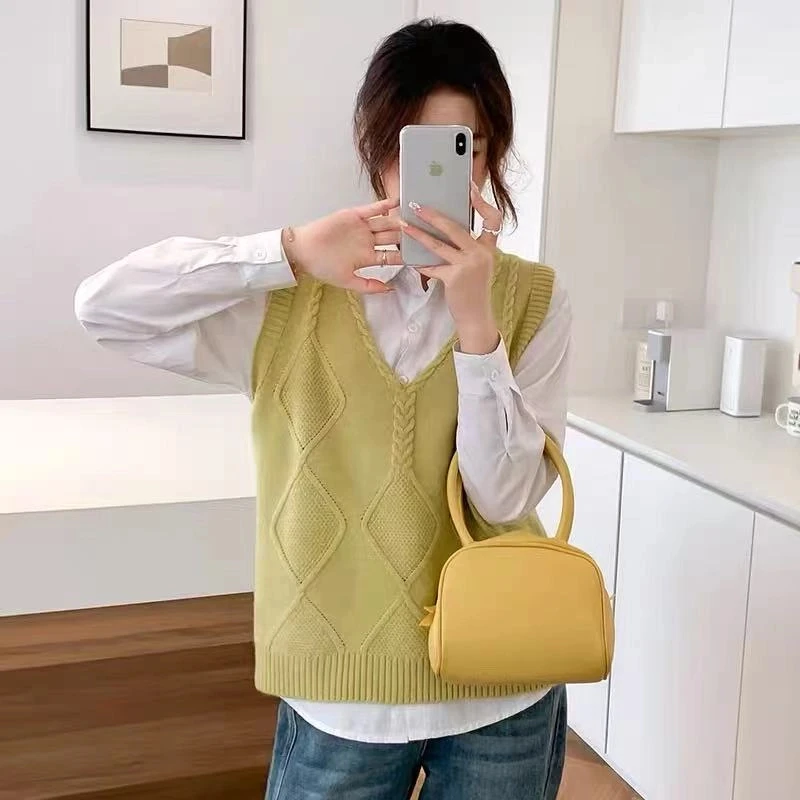 【纯色麻花肌理感】背心女春秋装新款洋气套头V领无袖针织衫上衣