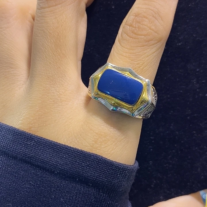 蓝珀银S925镶嵌珠宝奇石多米尼加蓝珀戒指男士