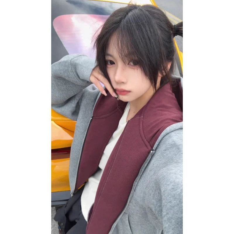 灰色红内帝王空气层连帽卫衣男秋季cleanfit美式重磅短款开衫外套