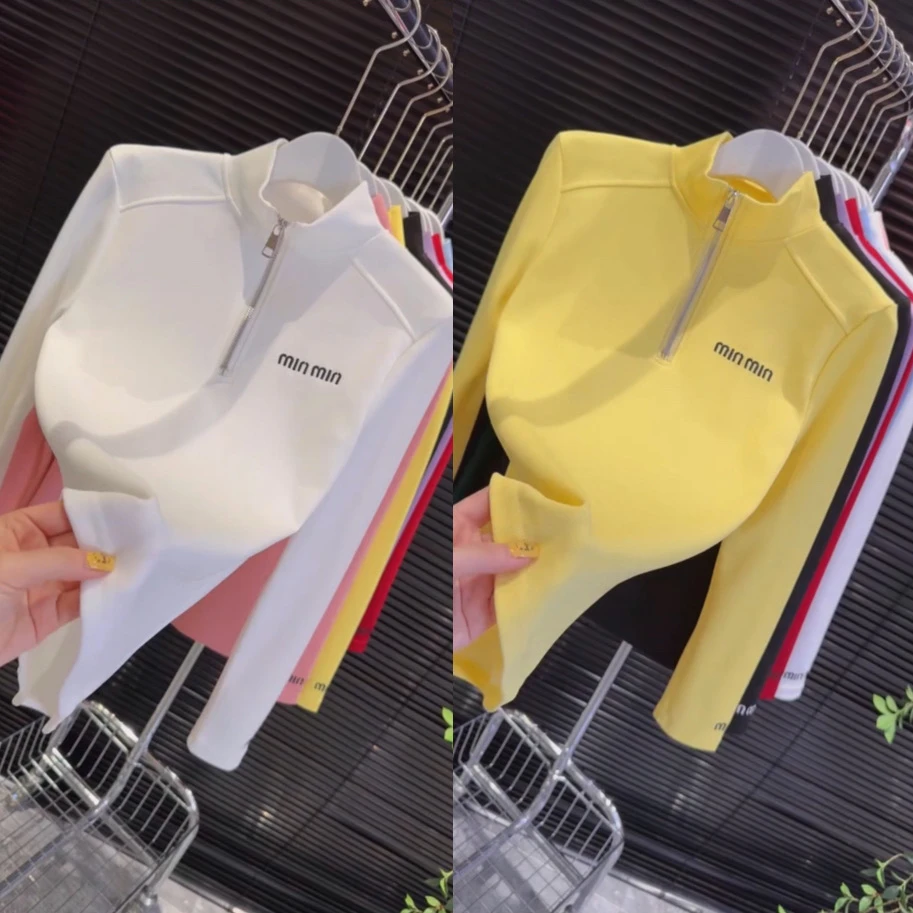 早秋欧货2025半拉链字母刺绣打底衫女立领长袖显瘦减龄T恤上衣