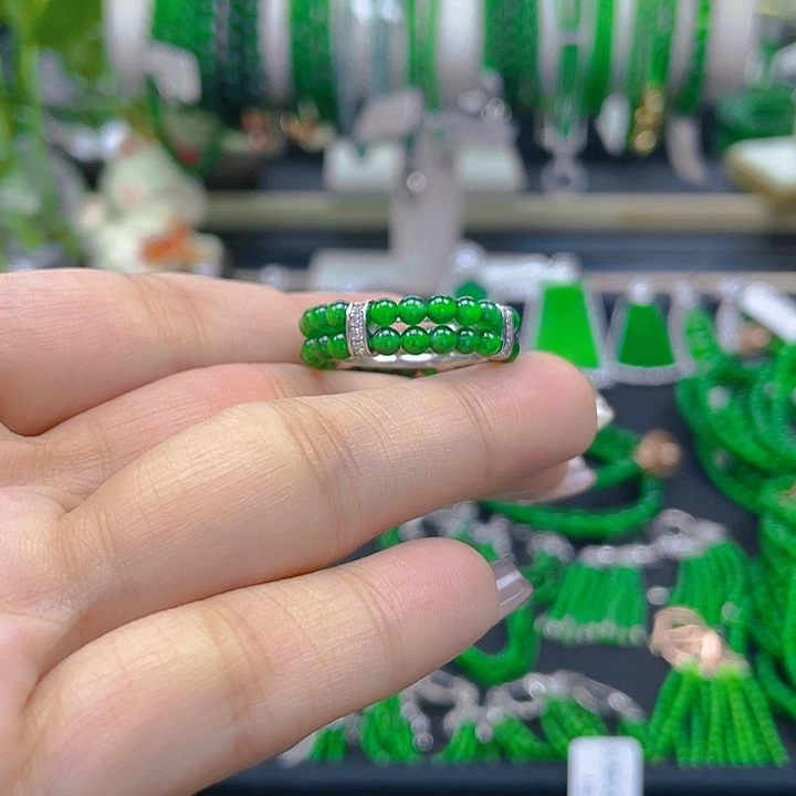 翡翠戒指银S925镶嵌圆珠戒圈3