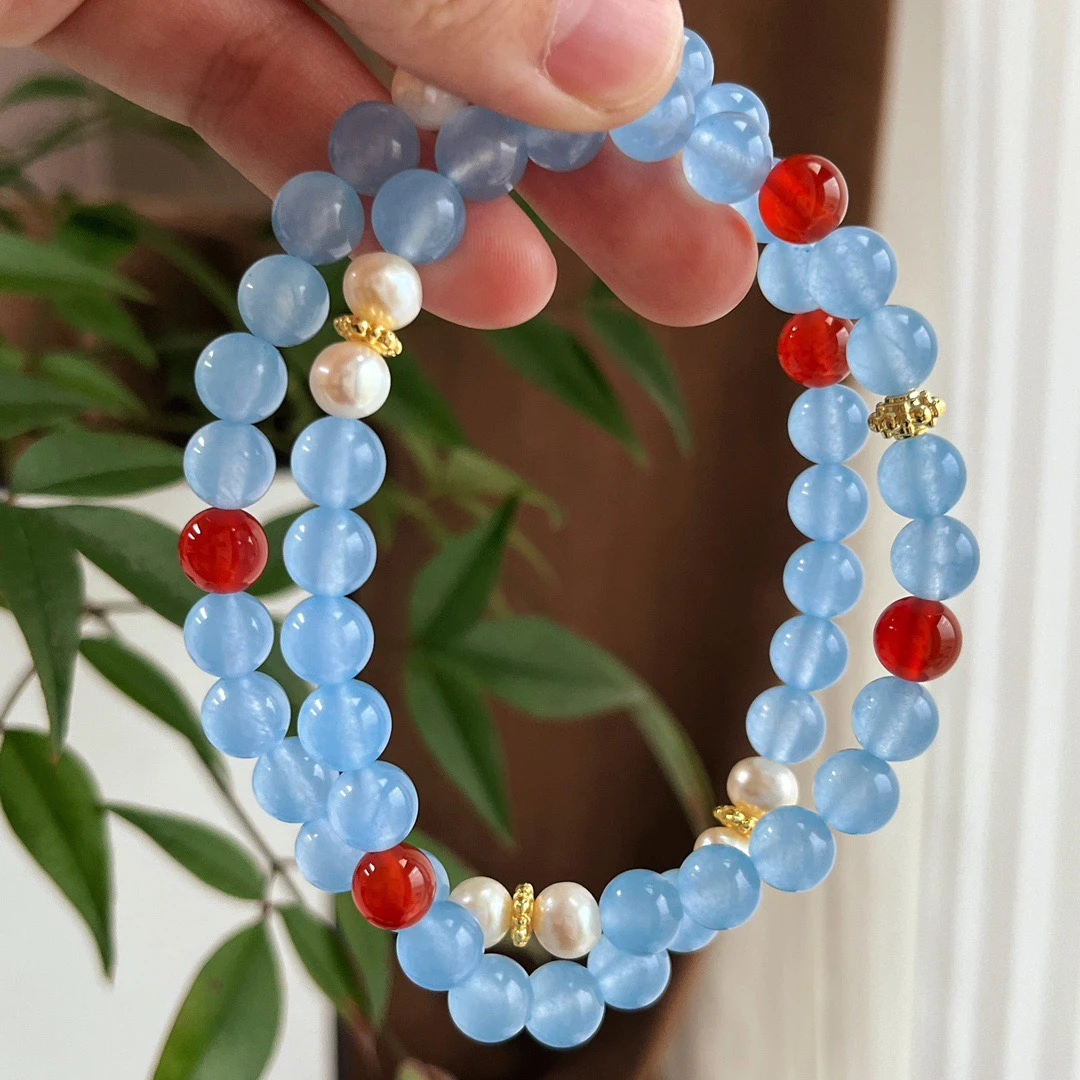 铜合金仿珍珠项链 国风复古清透冰蓝串珠弹力绳手串 3729