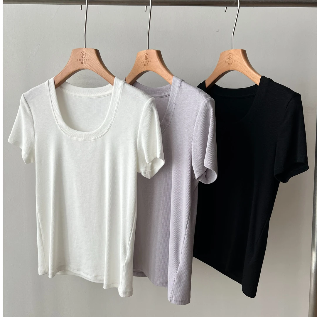 【疏疏优选】  简约百搭纯色显瘦U领螺纹棉短袖T恤
