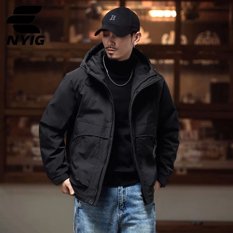 NYIG紫色工装夹棉冲锋衣连帽男士新款美式棉衣秋冬季情侣加棉外套